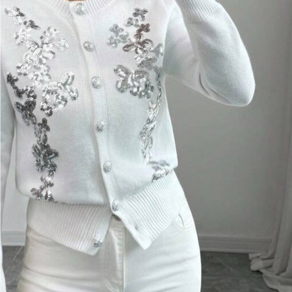White Sweater with Silver Accents super soft  beautiful embellished pattern